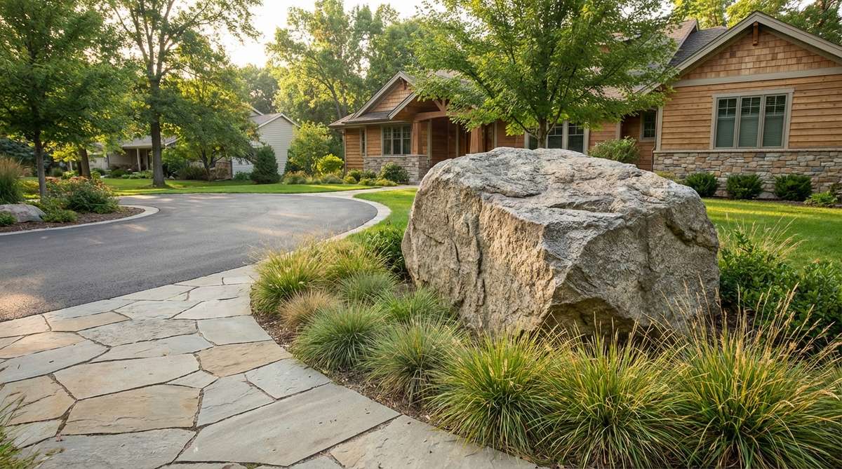 A large specimen boulder weighing 1-3 tons positioned near a driveway entry or front walkway, creating instant curb appeal and establishing landscape character. The stone has one striking face oriented toward primary views, surrounded by low ornamental grasses that accentuate its mass.