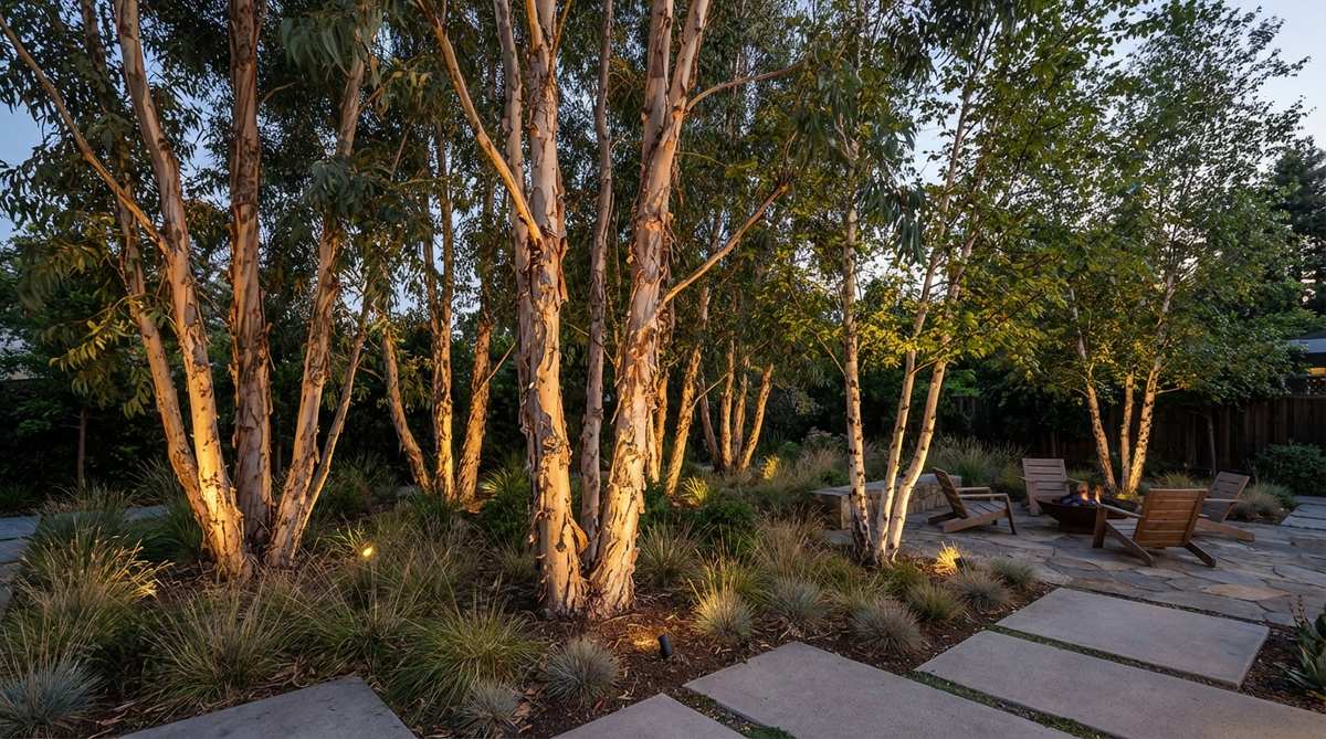 A mid-century modern garden featuring a grove of multi-stem eucalyptus and birch trees with distinctive bark textures, planted 4-6 feet apart to create an artistic focal point. The scene includes uplighting at night, transforming the bark into glowing sculptural elements, suitable for cooler zones with birch or mild climates with eucalyptus.