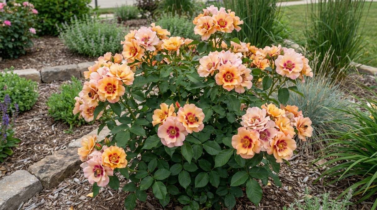 Close-up of Eyeconic Mango Lemonade modern garden rose showing semi-double flowers with amber and pink petals surrounding deep magenta eyes and golden stamens. The compact floribunda rose displays disease-resistant foliage and rounded growth habit suitable for contemporary garden borders and pollinator-friendly landscapes.