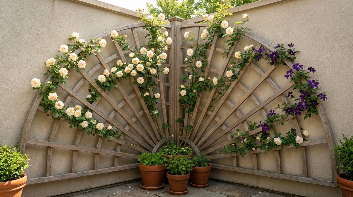 A fan-shaped trellis with radiating slat patterns, ideal for balcony decor walls. It features climbing plants like roses or clematis trained along the elegant lines, creating a classical formal appearance. Made from weather-resistant hardwoods such as teak, it suits corner placements to maximize space and break up rectangular monotony in urban settings.