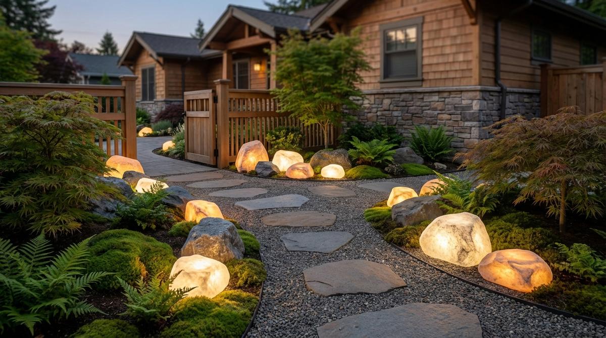 Fiber optic rock lights in a modern Japanese rock garden, showing realistic artificial stones with granite, slate, and sandstone finishes that blend with natural elements during the day and glow as waymarkers at night. Scattered along pathways or clustered at entrances, these low-voltage lights provide safe, energy-efficient illumination with a natural stone-like distribution.