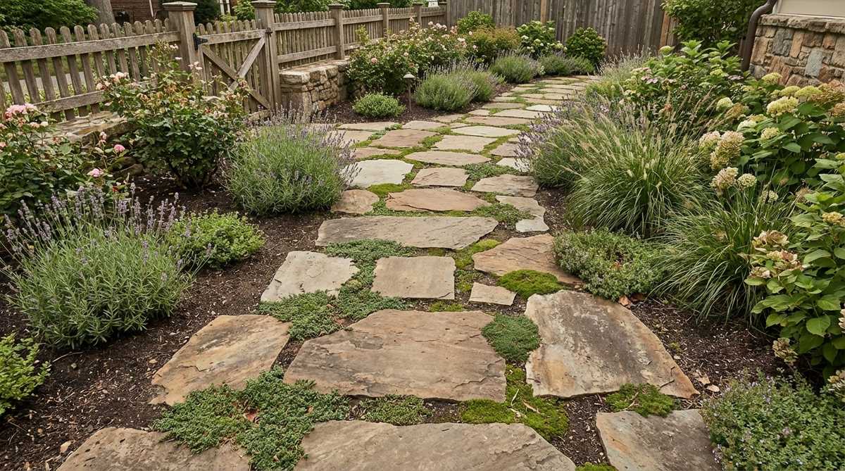 A rustic garden pathway made from irregular flagstone pieces set directly on soil, spaced for comfortable walking with creeping plants filling the gaps. The natural stone blends with cottage garden plantings, showing durable surfaces that develop patina over time.