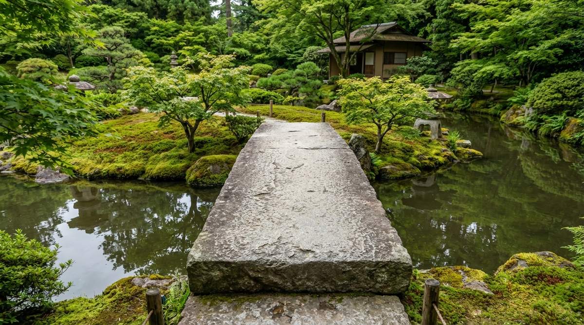 A minimalist flat stone slab bridge made of hewn granite or sandstone, spanning a narrow section of a Japanese garden pond. The simple, thick design provides load capacity with minimal structural support, maintaining visual continuity across the water surface without interrupting sightlines, ideal for intimate garden spaces.