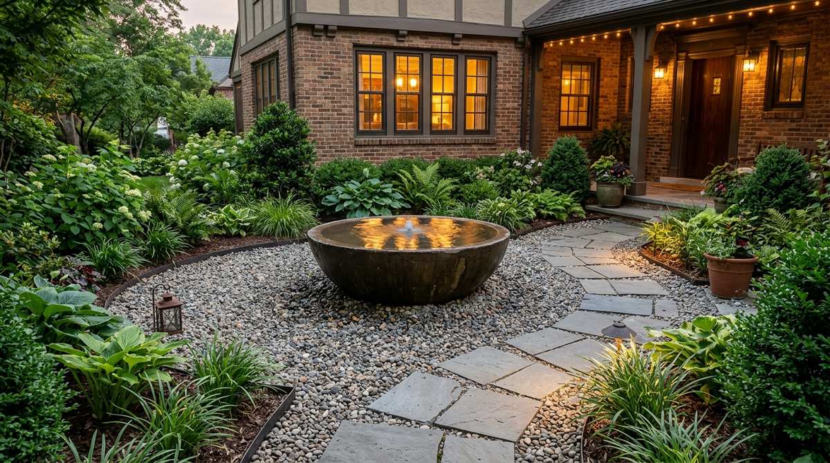 A bowl-style fountain with a recessed pump appears to float within gravel surrounds, creating subtle water movement and ambient sound. Positioned to reflect light from courtyard windows during evening hours, with electrical lines concealed beneath gravel or stone pathways.