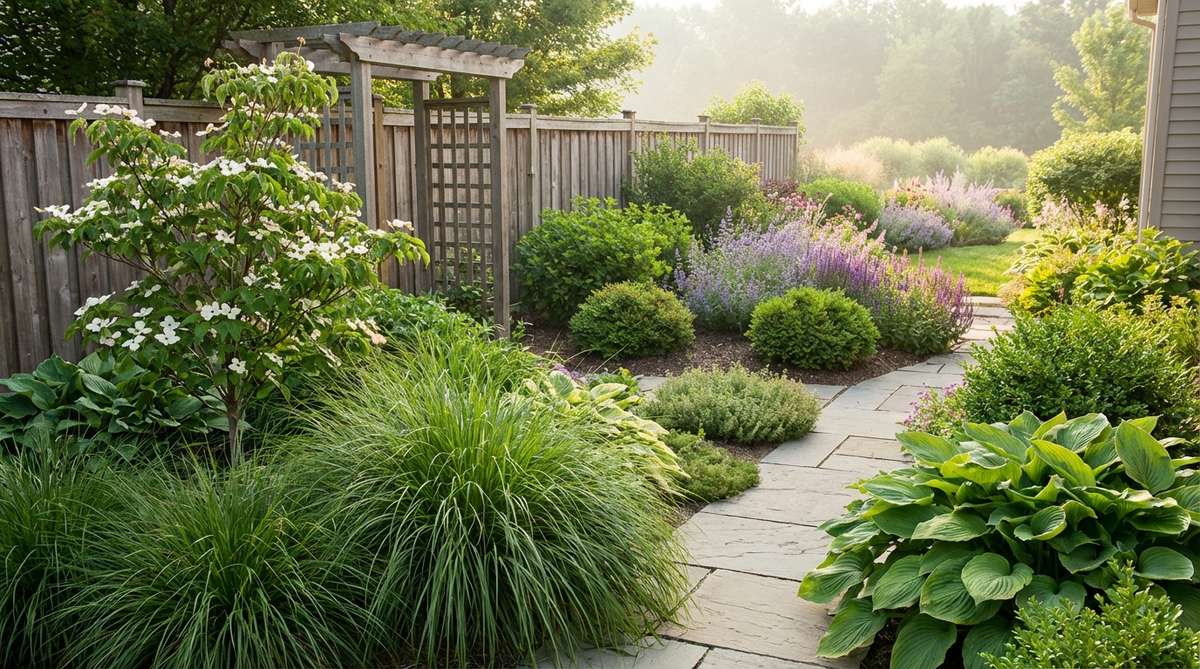 Illustration showing graduated plant sizes from large foreground specimens to smaller background cultivars, demonstrating how forced perspective planting creates depth and mimics natural distance in small garden spaces.