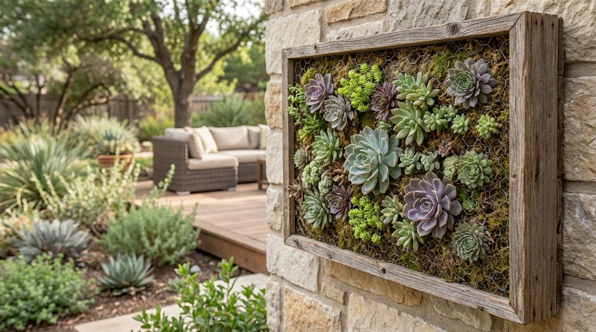 A framed succulent living picture in a shadow box frame with chicken wire backing, featuring shallow-rooted succulents planted directly into the frame. The succulents are rooted in sphagnum moss and require minimal watering, ideal for vertical or gallery-style displays in garden decor.