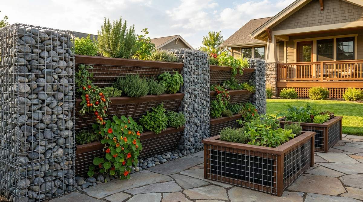 A stone garden wall featuring alternating gabion sections with planter zones, where plants emerge between stone-filled segments for textural contrast. The design includes planter boxes built with the same wire framework, perfect for edible gardens with herbs and cascading vegetables.