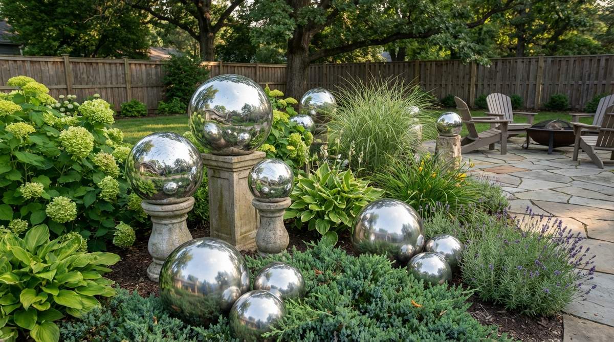 A collection of reflective gazing globes in various sizes displayed in a garden setting. The spheres capture and distort views of surrounding foliage, creating kinetic visual interest. Some globes feature traditional mirrored glass finishes while others have contemporary stainless steel surfaces. The arrangement shows odd-numbered clusters in triangular compositions, some placed on pedestals and others nestled among low plantings for balanced garden decoration.