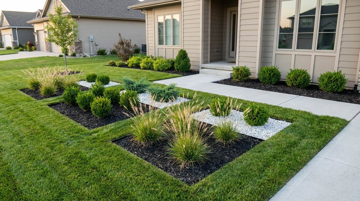 A modern front yard garden featuring geometric lawn cutouts with precise rectangular and triangular shapes carved from turf. The voids are filled with contrasting dark mulch and white gravel, showcasing ornamental grasses and dwarf shrubs. This design creates visual intrigue while maintaining coherence with building geometry and lot boundaries.