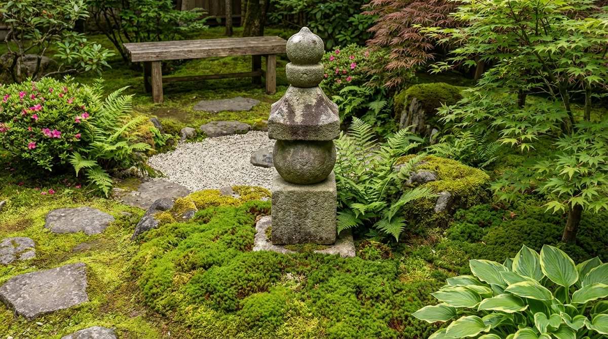 A vertical stone gorinto pagoda representing the five Buddhist elements, placed as a sculptural focal point in a Japanese garden with lush moss and surrounding plantings.