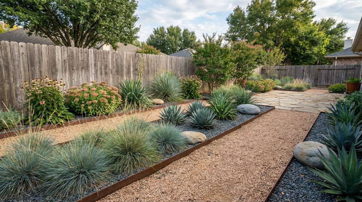 A low-maintenance gravel garden corner with decorative gravel, ornamental grasses, agaves, and architectural perennials in pockets, edged with steel strip to prevent migration, reducing watering needs by 40-50% compared to traditional beds.