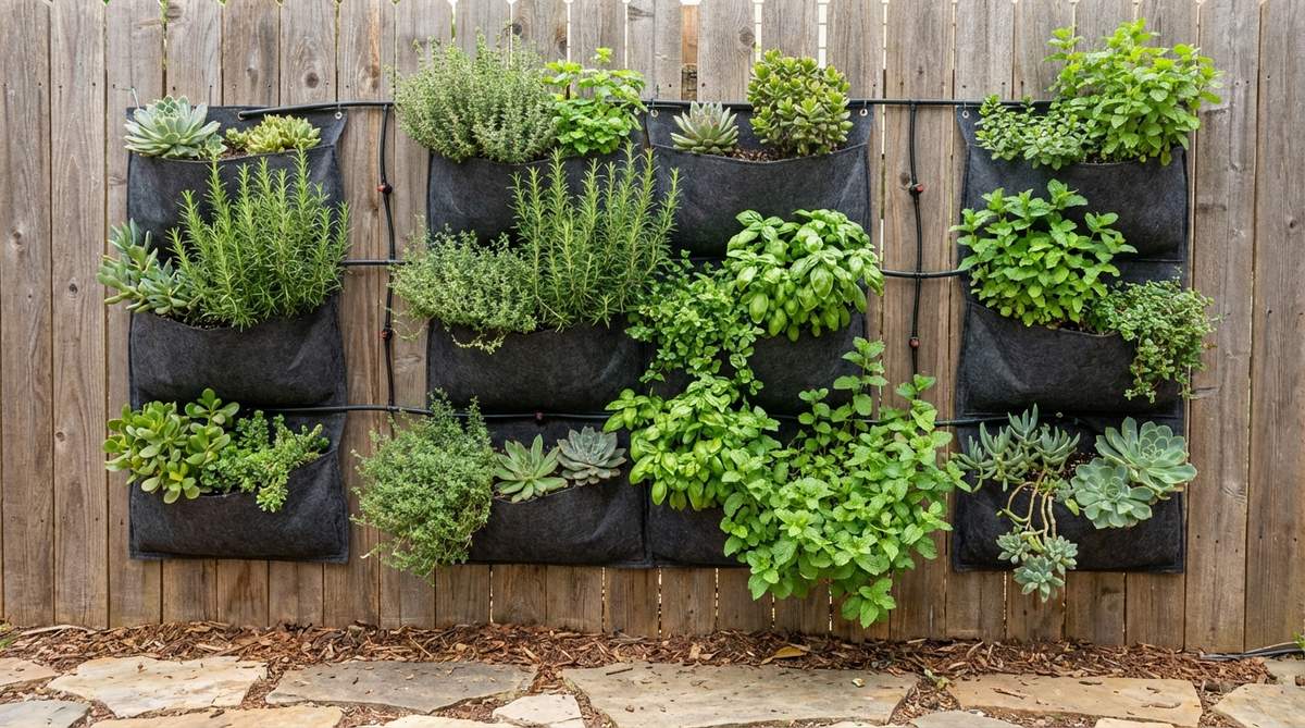 A vertical garden system with fabric planting pockets attached to a fence, featuring a dense arrangement of herbs and succulents with integrated drip irrigation visible behind the pockets.