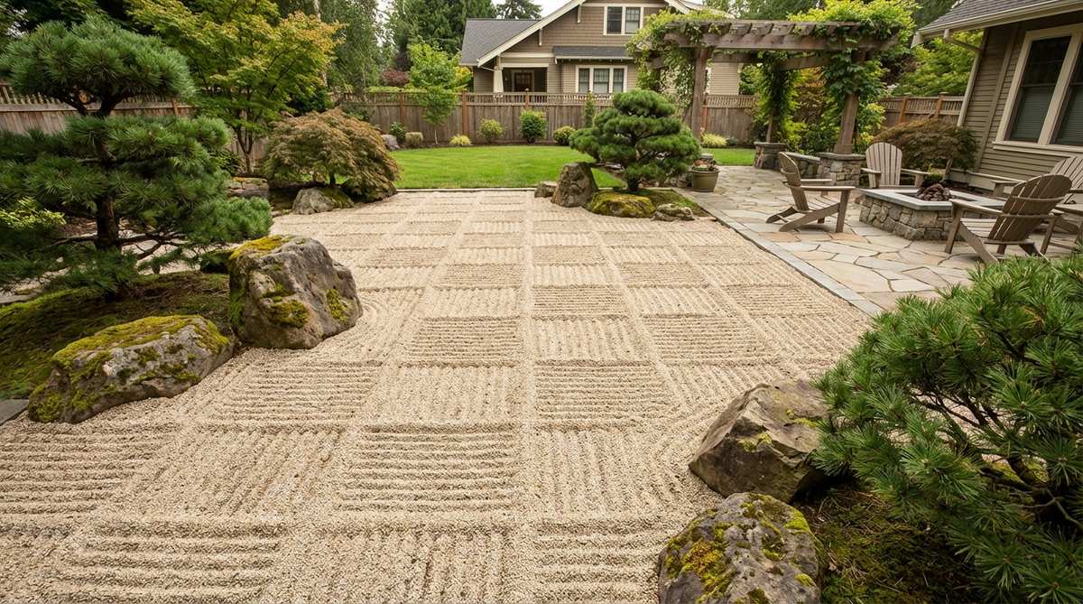 A zen garden sand pattern featuring a rigid grid of perfect squares created by perpendicular lines, representing order and discipline with strong geometric contrast to natural elements.