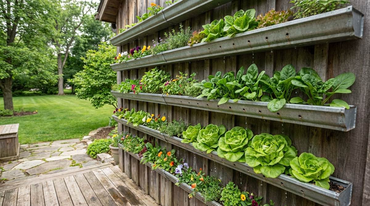A vertical arrangement of vinyl or metal gutters mounted on a wall, serving as shallow planters for lettuce, spinach, herbs, or edible flowers, with drainage holes visible and spaced for optimal balcony gardening.