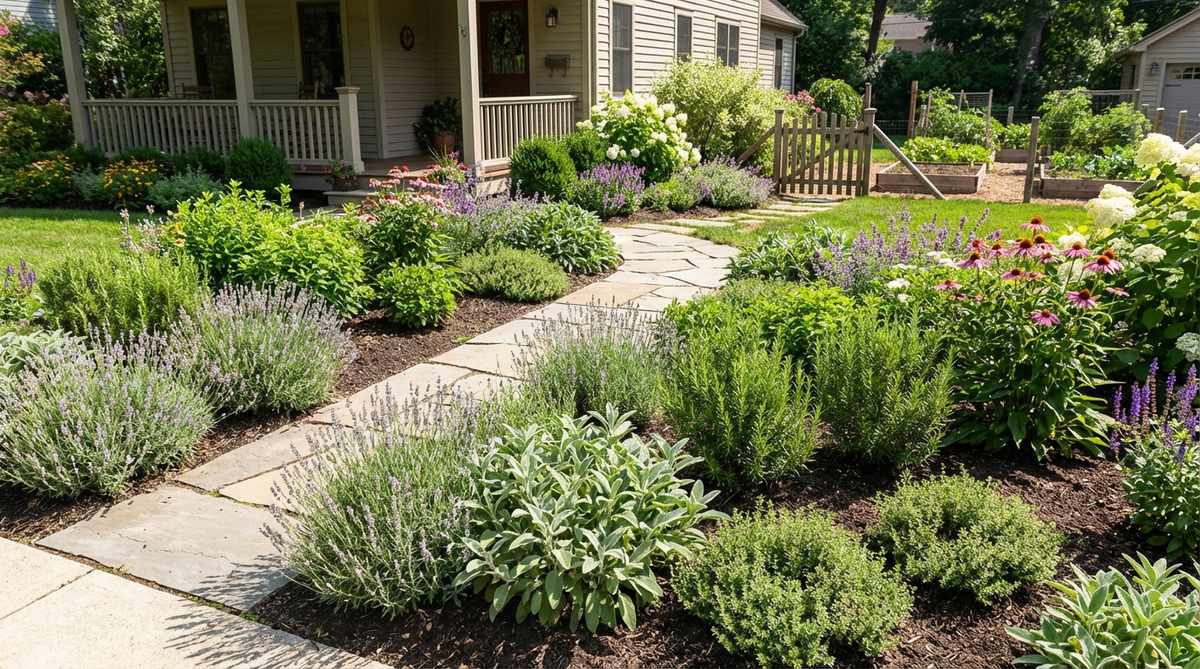 A front yard garden design featuring a beautiful combination of ornamental herbs like lavender, sage, rosemary, and thyme mixed with traditional flowering plants. The image shows silvery and purple herb foliage contrasting with green perennials, positioned along pathways to release fragrance when brushed against. This functional design connects the front yard to kitchen garden elements with well-drained soil and full sun exposure.