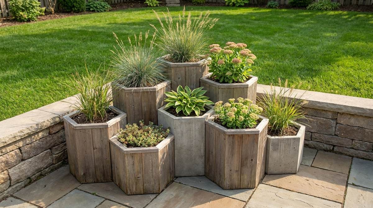 Six-sided hexagonal planters arranged in a honeycomb pattern with structural perennials, adding geometric interest and angular variation to outdoor decor spaces.
