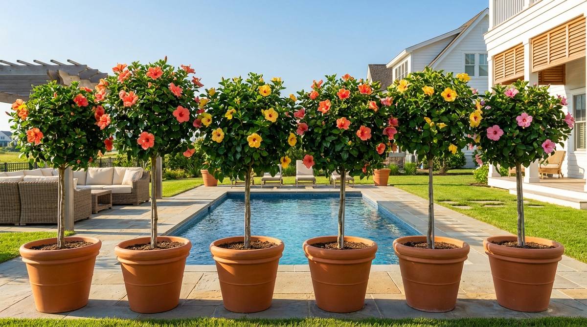 A vibrant image showing tropical hibiscus plants trained into single-trunk standards with lollipop-shaped canopies, featuring coral, yellow, and pink blooms that complement coastal color schemes. The plants are arranged symmetrically in matching containers along a pool deck or patio, with elevated flowers at eye level to maximize decorative impact during summer. The glossy foliage and well-maintained rounded shapes highlight their role in enhancing outdoor decor in warm months.