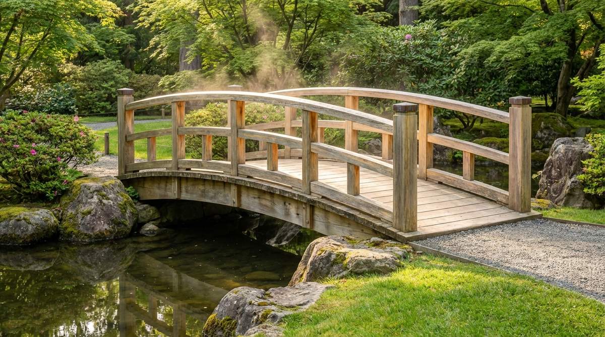 A Japanese garden bridge constructed entirely from premium Hinoki cypress wood, showcasing natural wood tones and elegant design. The bridge releases a distinctive lemony-cedar fragrance when warmed by sunlight, offering an olfactory experience alongside visual beauty. This aromatic bridge engages multiple senses during the crossing ritual, with natural oils providing weather resistance without need for stains or finishes.