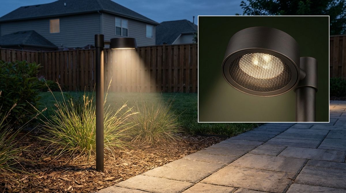 A modern garden lighting fixture with honeycomb louvers attached, showcasing how these accessories reduce beam spread by 30-50% and control light trespass. Perfect for meeting dark-sky ordinances and good-neighbor policies in residential areas.