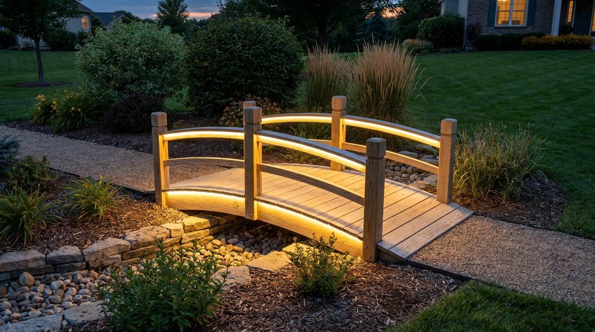 A mini garden bridge featuring integrated LED strip lights along its railings and beneath the deck, providing nighttime illumination with warm white or color-changing options for safety and dramatic effects in landscape or entertainment areas.