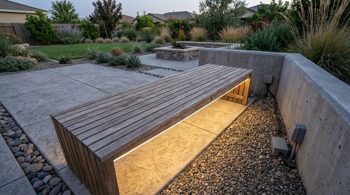 A close-up view of a modern garden bench with integrated LED strip lighting mounted under the wood slats, illuminating the ground with warm white light for evening ambiance. The setup includes low-voltage strips, outdoor-rated transformers, and waterproof connectors, suitable for concrete or wood finishes.