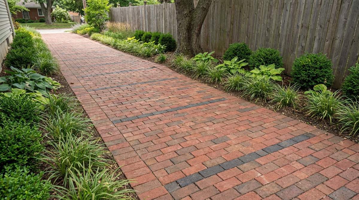 A garden brick design showing the jack-on-jack pattern with accent rows, featuring uniform brick alignment interrupted by contrasting color bands that create striped patterns. This technique uses stack bond layout with standard bricks and inserts rows of contrasting bricks at regular intervals to establish visual rhythm, ideal for elongating narrow spaces like side yards and courtyards.