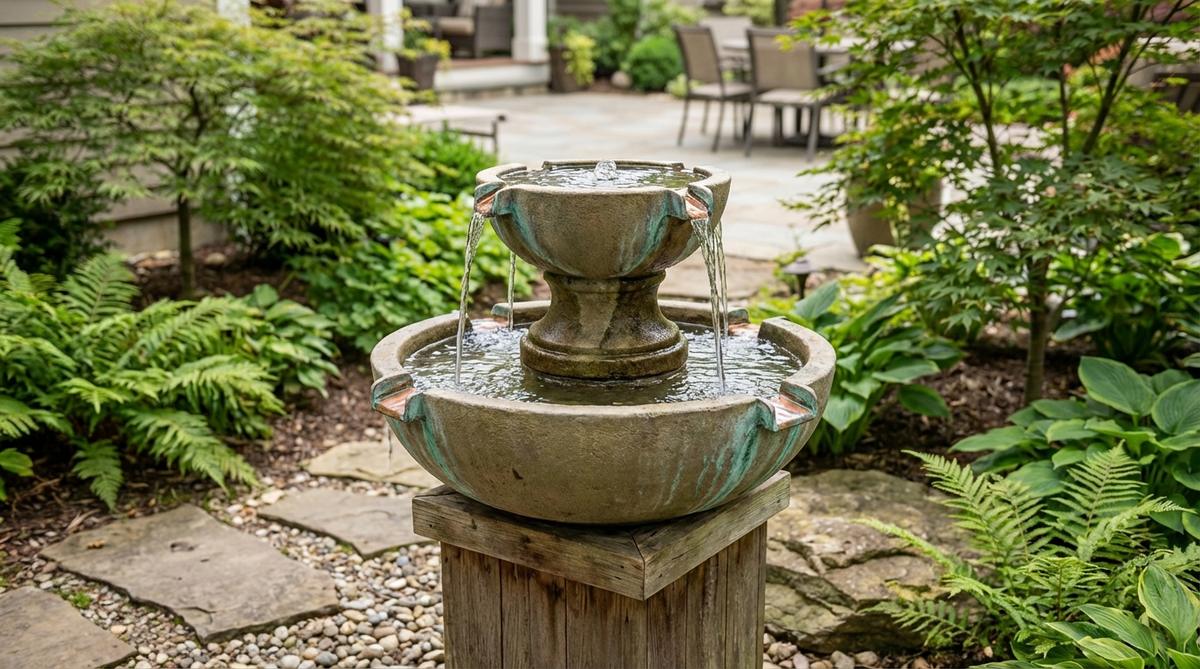 A small Asian-inspired garden fountain featuring two cast stone tiers with four copper spillways that create precise water streams. The copper elements develop a verdigris patina in moist climates, transitioning from metallic to soft green-blue. This tabletop-scale fountain is suitable for both indoor and outdoor use, perfect as a centerpiece for dining tables or entryway consoles.