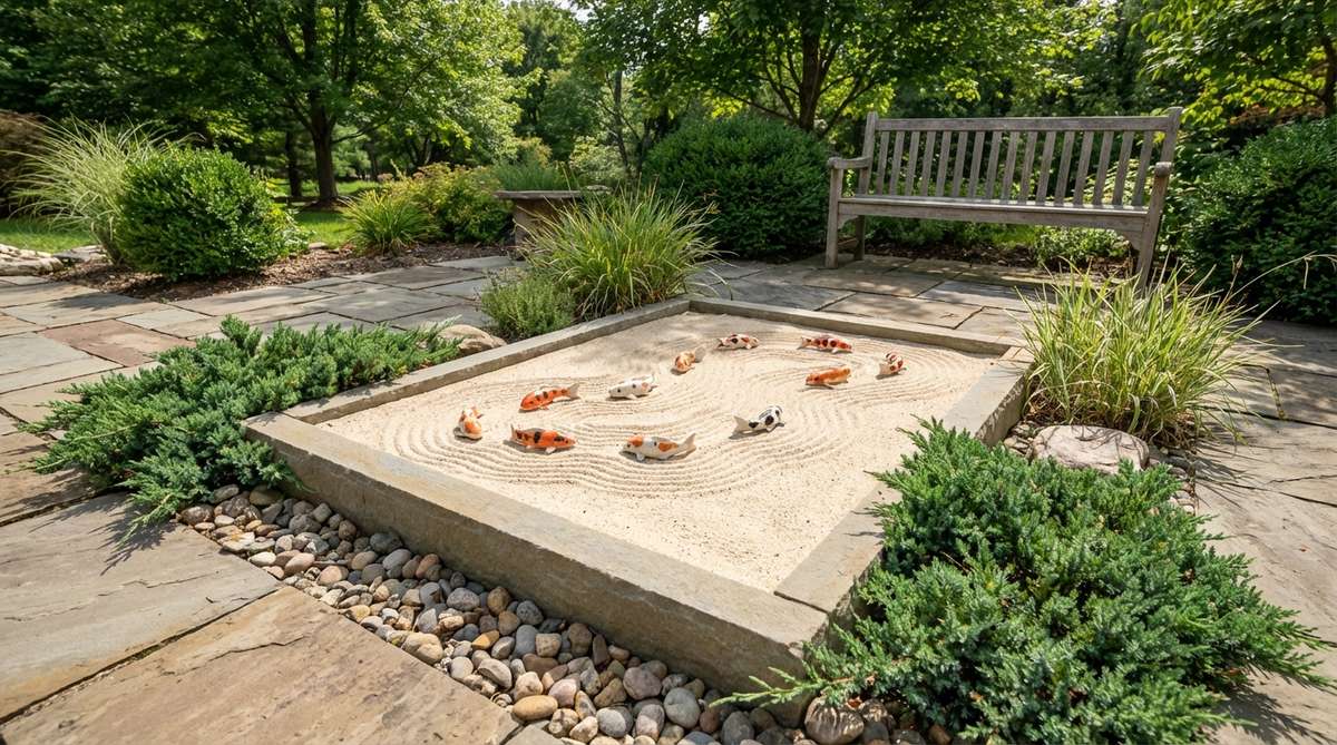 A miniature ceramic koi fish pond design featuring orange, white, and black koi fish resting on sand, positioned to appear swimming through raked ripples. This dynamic arrangement symbolizes life's continuous flow and movement, representing virtues in Japanese culture.