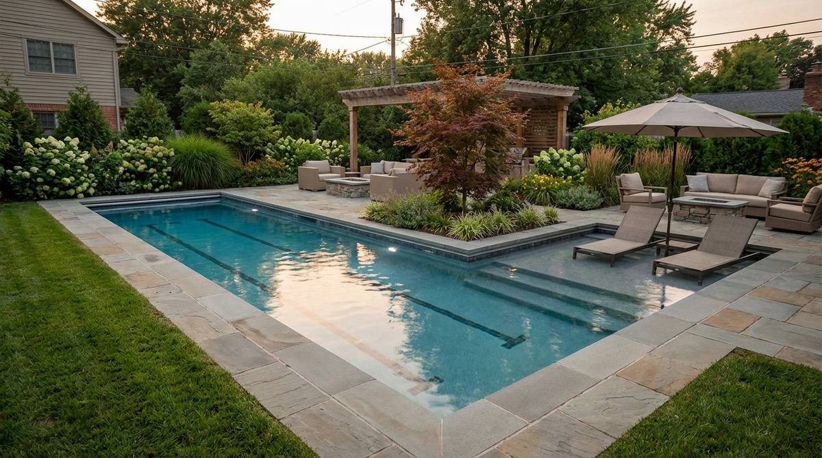 An L-shaped pool elegantly wrapping around a patio in a small garden, showcasing custom geometric design with distinct zones for lap swimming and lounging, ideal for maximizing space in irregular footprints.