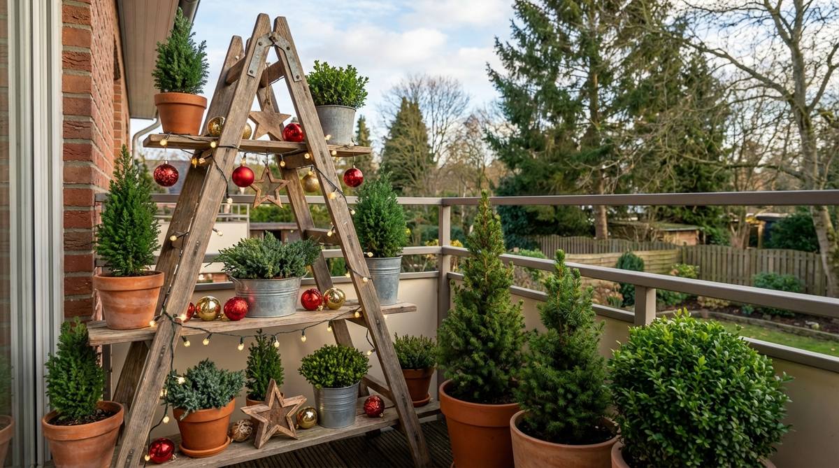 A wooden ladder with tiered rungs arranged as a Christmas tree display, featuring potted evergreens, ornaments, and lights on a balcony.