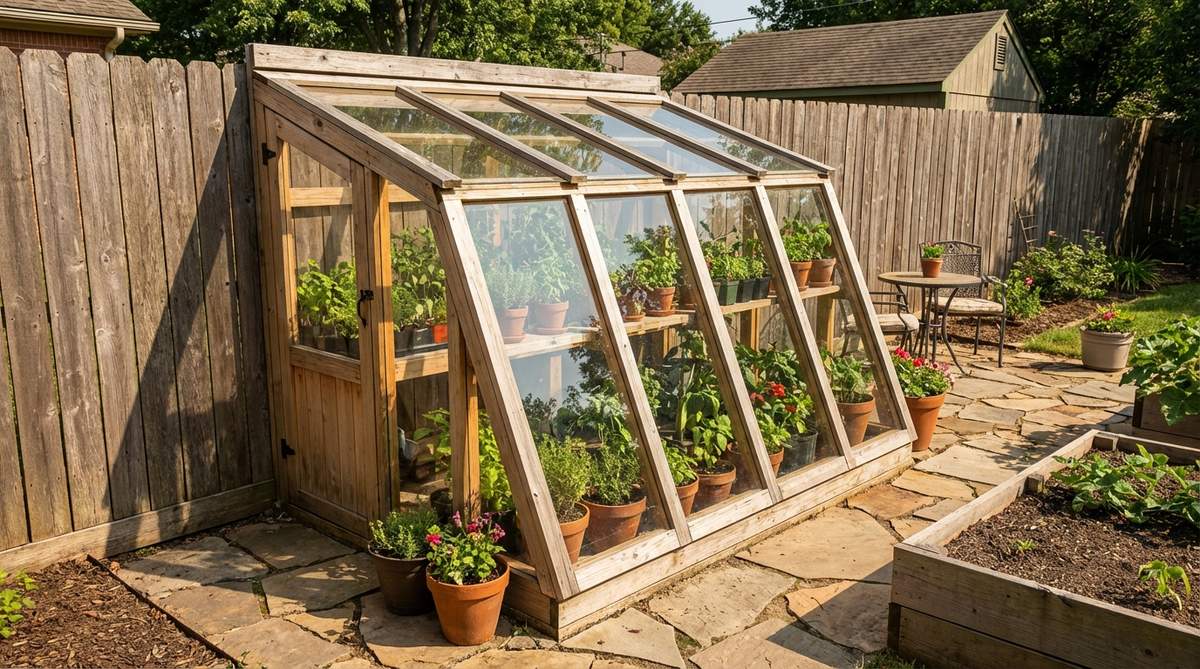 A lean-to style mini greenhouse attached to a wall or fence, designed to conserve space and maximize solar gain with its south-facing slope. This configuration provides wind protection and structural stability while benefiting from thermal mass.