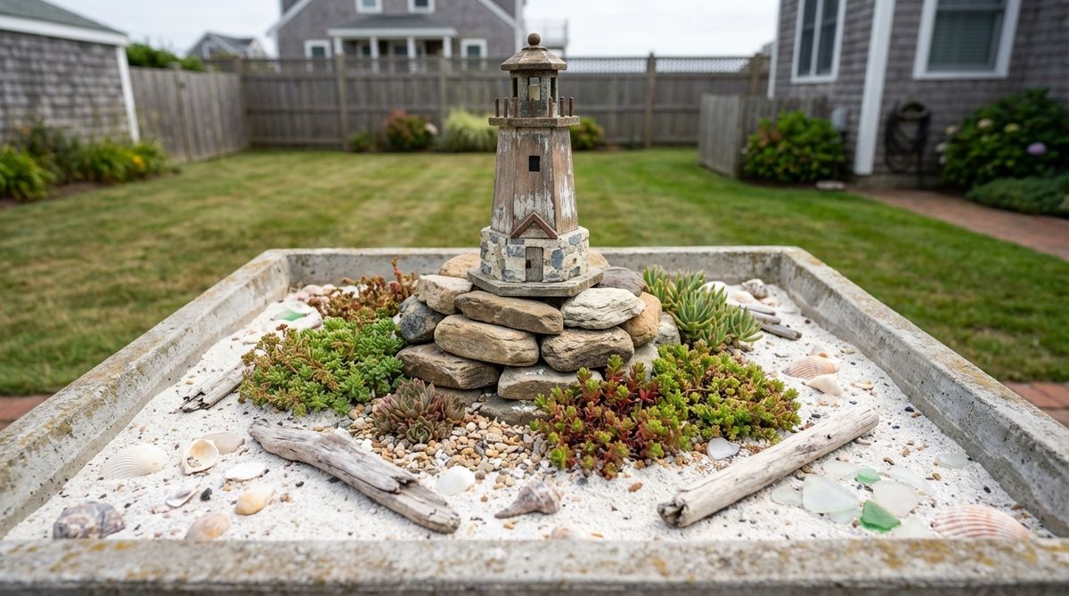 A miniature lighthouse set on elevated terrain with stacked stones, surrounded by white sand or fine gravel to create a beach environment. Coastal details include shells, driftwood, and beach glass, with drought-tolerant sedums planted to mimic windswept seaside vegetation. This scene serves as a strong focal point with height variation in a flat coastal landscape, ideal for wide, shallow containers.