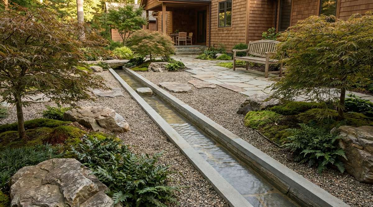 A narrow concrete or stone channel carrying water in a straight line across a zen garden, demonstrating geometric precision that contrasts with organic plant forms while maintaining contemplative stillness. The channel features a gradual slope for consistent water movement and smooth lining for laminar flow, suitable for pathway edges or property boundaries with a compact footprint.