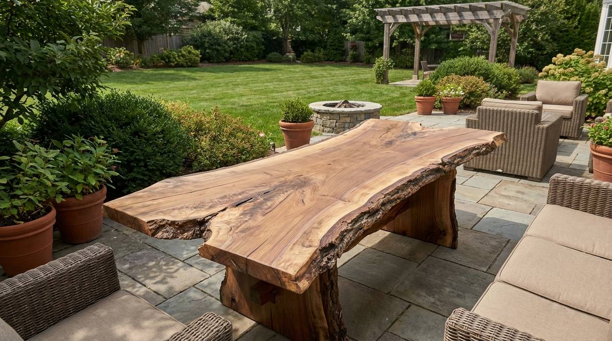 A live edge wood table showcasing natural, irregular contours and bark remnants, perfect for earthy boho decor as a sculptural focal point in living spaces.