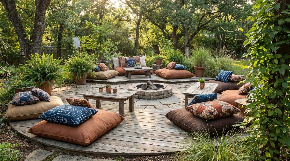 A relaxed bohemian seating area featuring ground-level platforms and oversized floor cushions layered with African-print textiles, arranged in circular conversation groupings for an immersive and intimate garden experience.