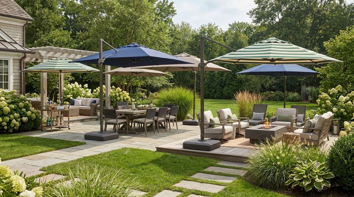 A garden party scene showing clusters of large outdoor market umbrellas in coordinating colors creating shaded activity zones. Cantilever styles with weighted bases provide sun protection without obstructing furniture arrangements, demonstrating how to define distinct spaces for daytime gatherings.