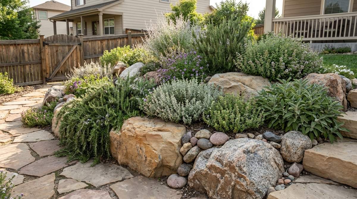 A small garden rockery featuring Mediterranean herbs like rosemary, thyme, oregano, and sage, thriving in sunny, well-drained conditions. The silvery foliage complements natural stones, with herbs planted in pockets between larger rocks to mimic Mediterranean hillsides.
