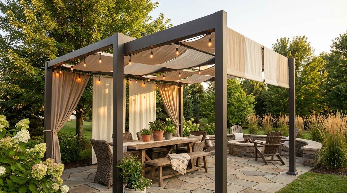 A powder-coated steel or aluminum pergola draped with lightweight outdoor fabric in natural tones, creating filtered shade and softening the metal framework. String lights along the beams add evening ambiance, perfectly balancing industrial structure with boho elements in outdoor decor.