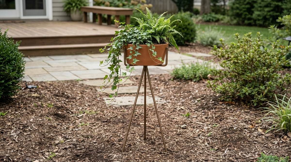 A minimalist metal tripod plant stand elevating a planter with trailing plants. The three-legged design provides stability on uneven garden surfaces while maintaining a small footprint. Features powder-coated matte black or bronze finishes that add contemporary style without overwhelming the plantings. Perfect for creating vertical interest in minimalist outdoor spaces.