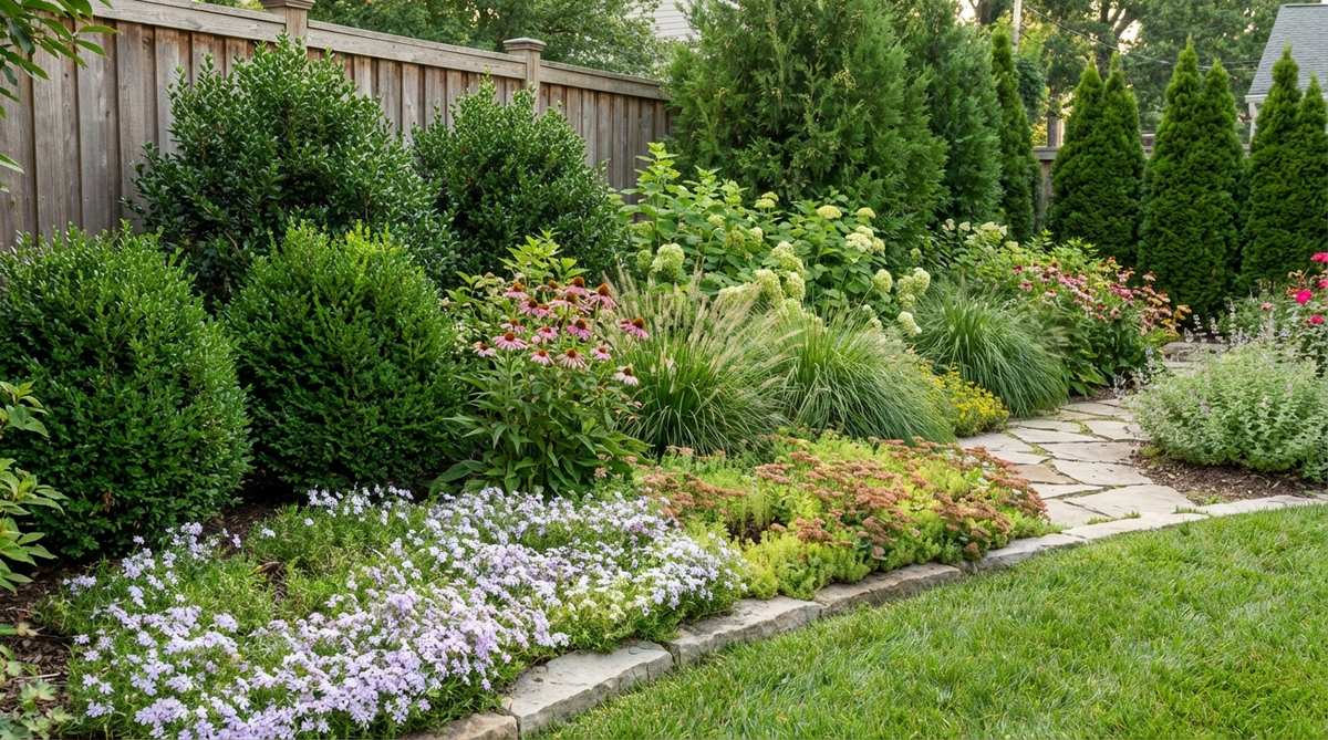 A layered garden border showing staggered planting heights from creeping groundcovers through mid-height perennials to tall evergreen shrubs, creating visual depth and preventing flat hedge appearance.
