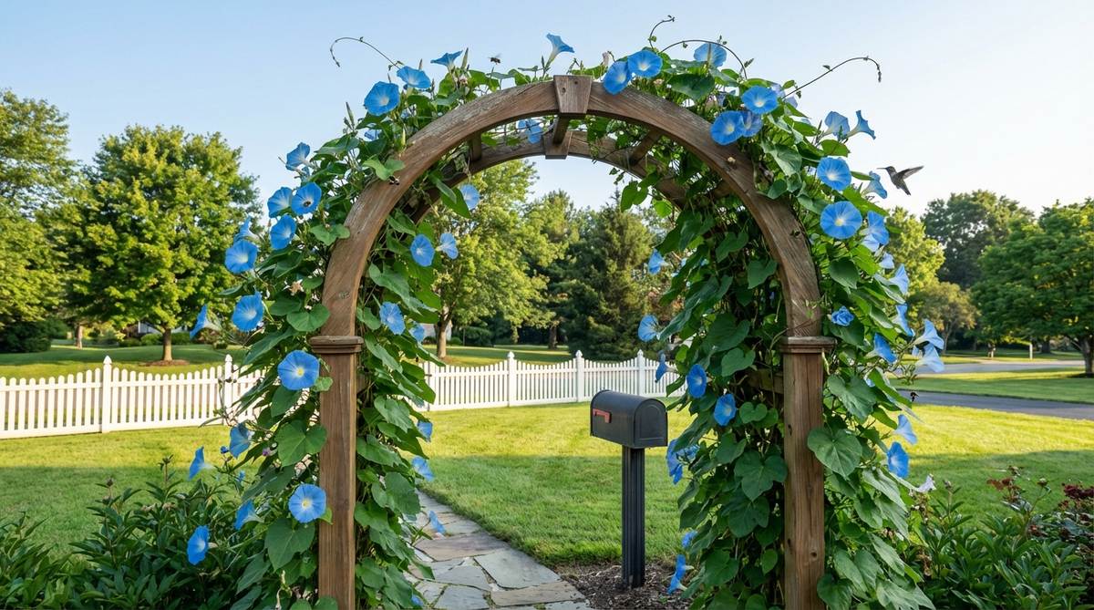 An arched trellis over a mailbox covered in morning glory vines with sky blue trumpet-shaped flowers, attracting pollinators in a spring outdoor decor setting.