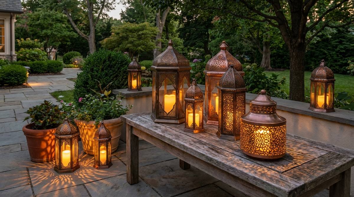A collection of Moroccan metal lanterns with pierced geometric designs, illuminated from within to cast intricate shadow patterns. The lanterns are shown in various sizes, arranged on a table surface with battery-operated LED candles providing safe illumination. The metalwork features Islamic-inspired motifs that create decorative light projections on surrounding surfaces.