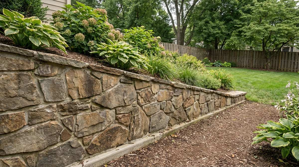 A detailed image showing mortared flagstone pieces used as a permanent retaining edge for garden slopes over 10% grade, with mortar joints distributing soil pressure and a concrete footing foundation for stability.