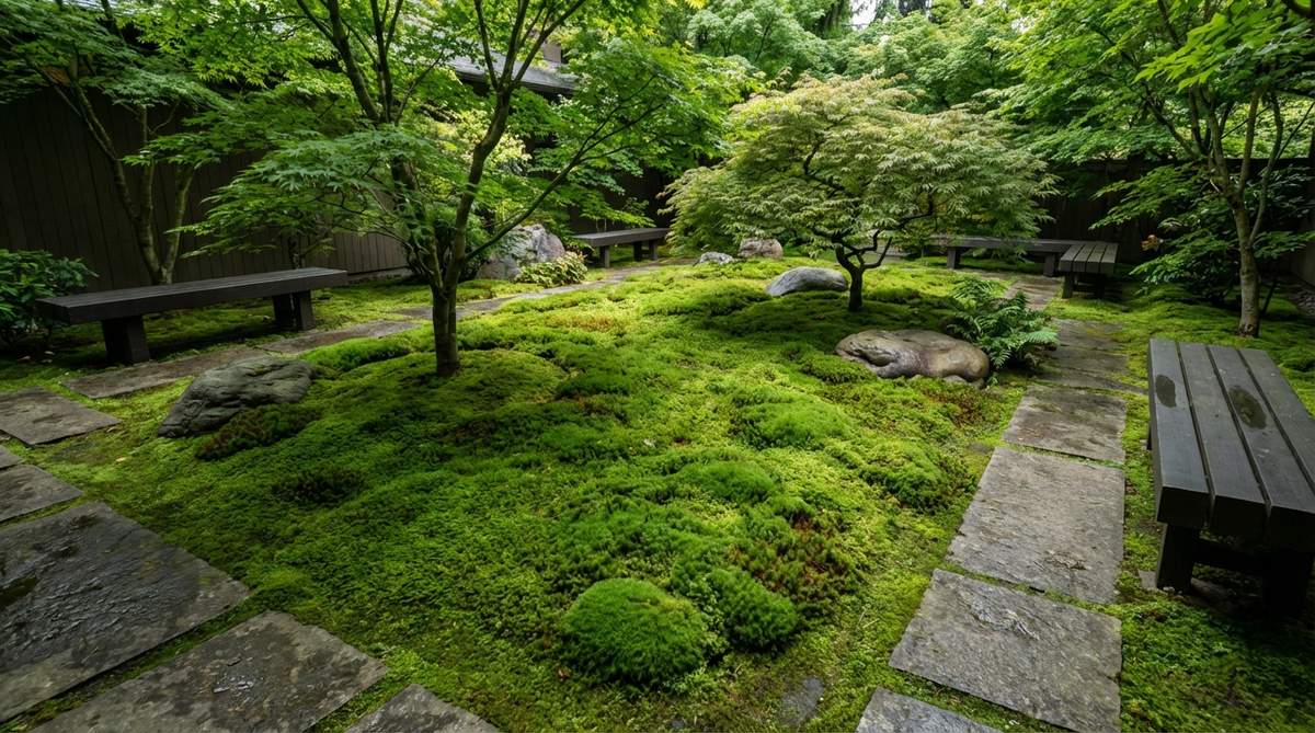 A lush green moss carpet, using sheet or cushion moss, thriving as groundcover in shaded courtyard areas of a modern Japanese garden, illustrating low-maintenance, resilient greenery in damp, low-light conditions.
