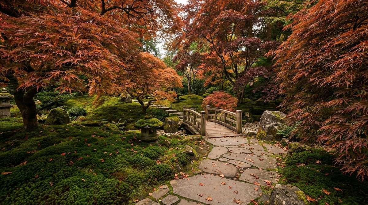 A serene Japanese garden scene featuring lush emerald green moss carpets thriving beneath the dense shade of Japanese maple trees, highlighting the contrast with red and burgundy fall foliage and illustrating layered interest from ground to canopy.