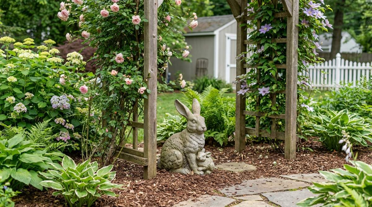 A doe rabbit with a smaller bunny tucked against her side, emphasizing nurturing and protection. This garden figurine appeals to family gardens and spaces designed with children, ideal for placement in sheltered locations like under arbors or beside garden sheds to suggest a safe haven.