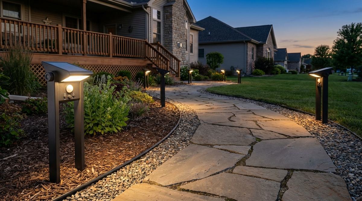 Motion-activated solar path lights with PIR sensors that trigger full brightness when movement is detected, then dim to conserve battery. Features adjustable sensitivity and duration settings with detection ranges of 15-25 feet for residential pathways.
