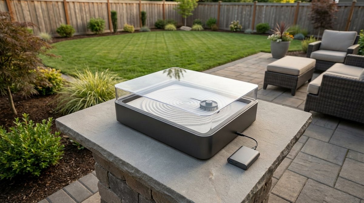 A modern battery-powered robotic system that automatically rakes a desktop zen garden using programmed patterns. The motorized magnetic mechanism creates intricate designs beneath the sand surface without manual intervention, allowing for contemplative observation of the autonomous process.
