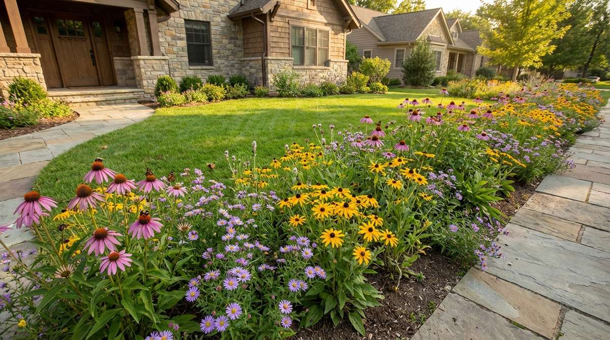 A vibrant native wildflower strip in a small front garden, featuring pollinator-friendly plants like coneflowers and black-eyed Susans, showcasing a naturalistic drift that supports beneficial insects and reduces lawn maintenance.
