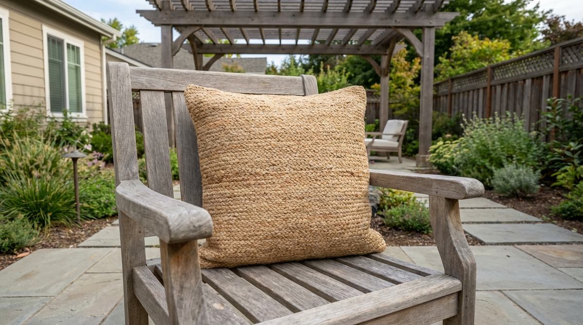 A natural jute woven pillow cover with raw jute fibers creating organic texture and subtle color variations, perfect for boho decor and outdoor seating areas.